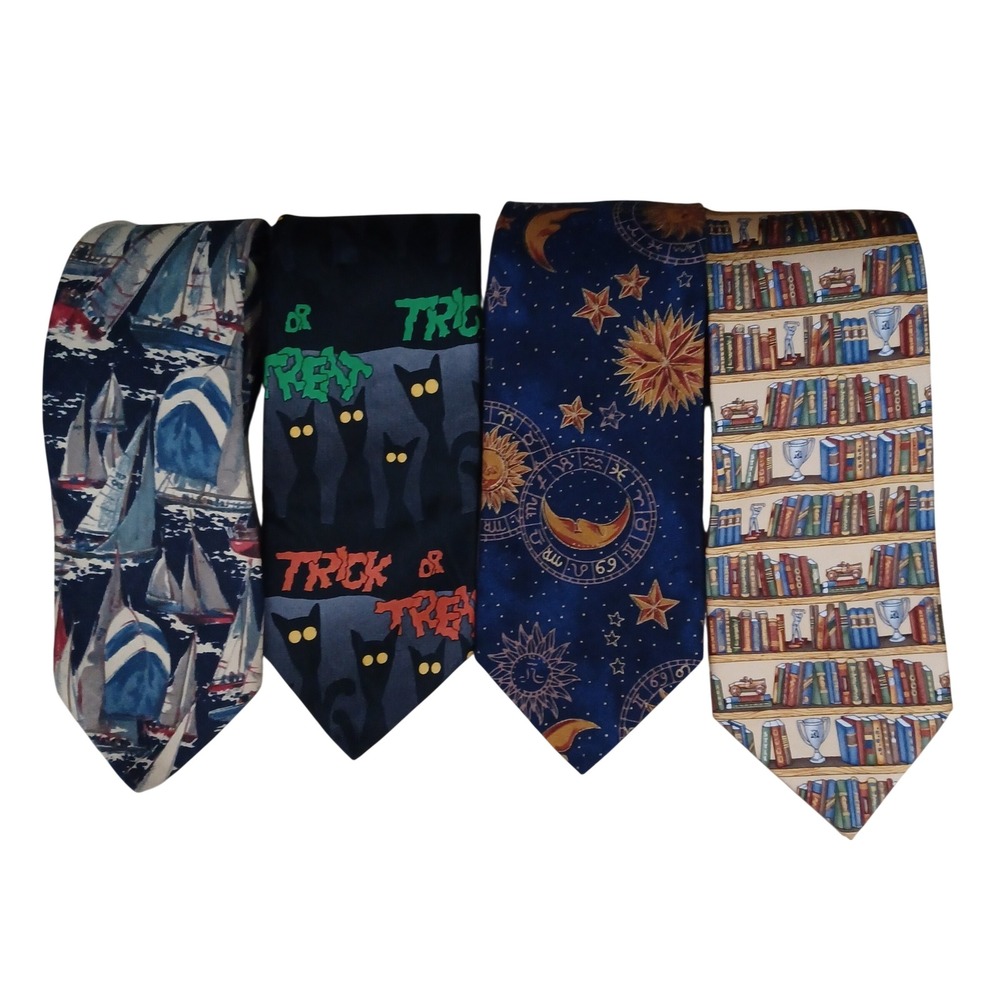 Mens Vintage Novelty Tie‎ Lot Lands End Alynn Van Heusen Hallmark 4 Pack Mixed